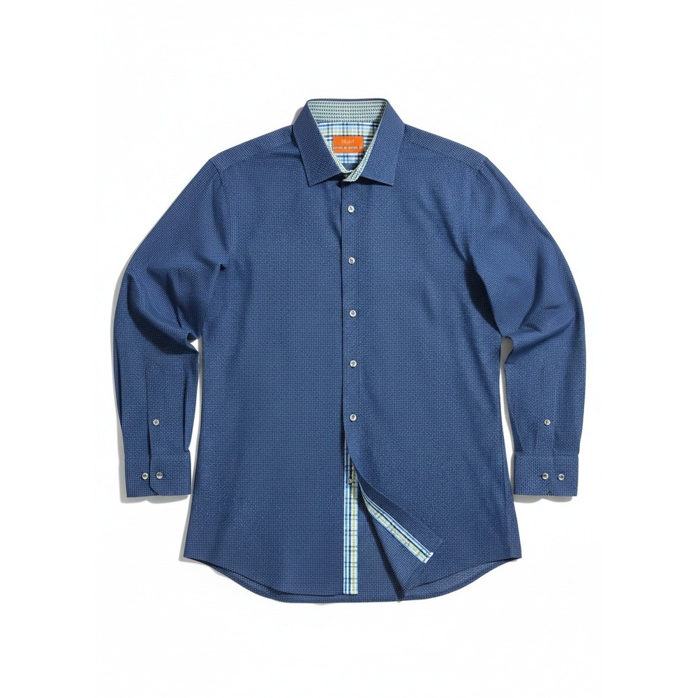 Tallia Slim‎ Fit Navy Geometric Pattern Dress Shirt, Men's 17 34/35, Long Sleeve